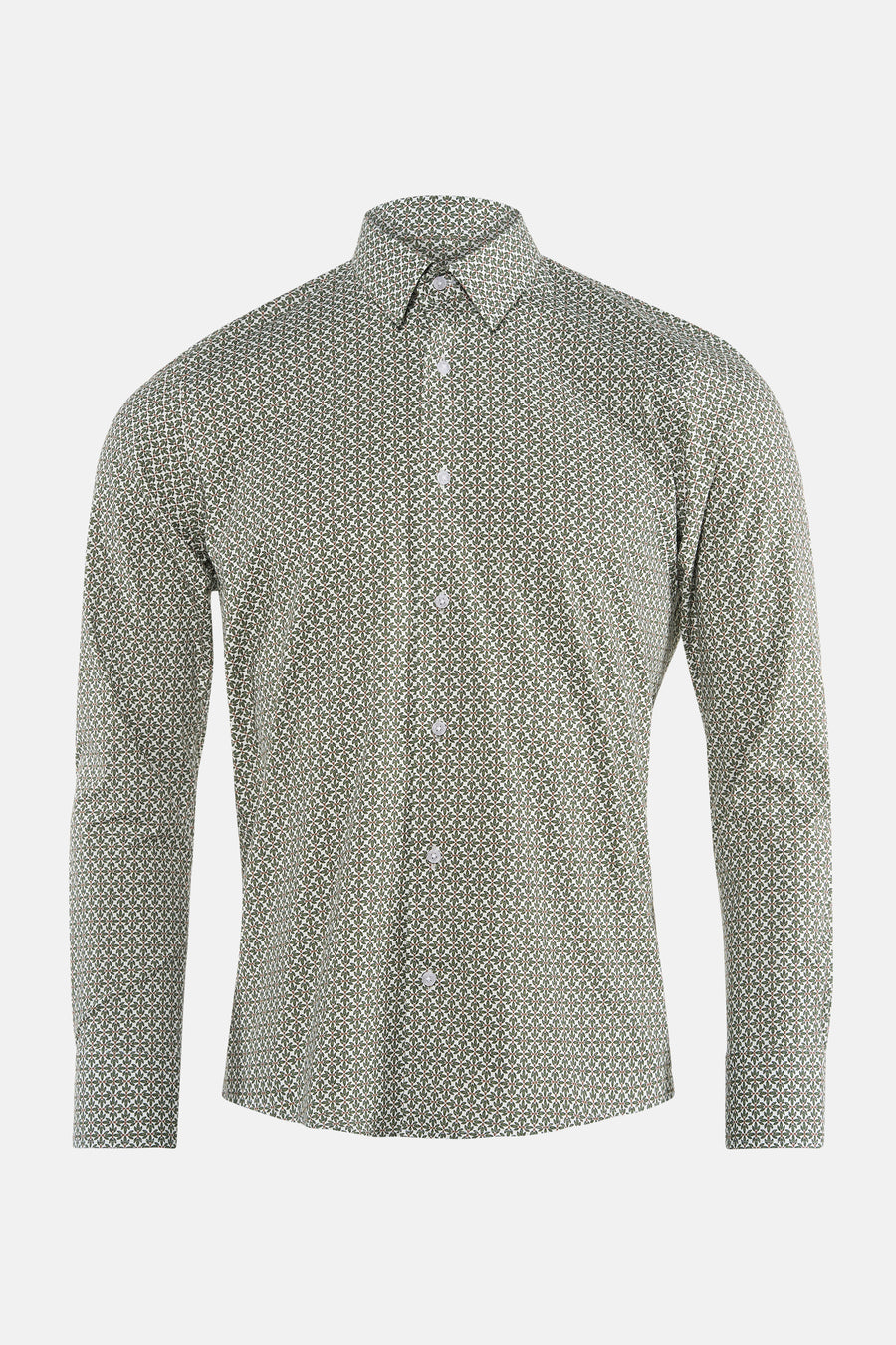 Chemise à manches longues verte de PRIVATE BLUE, imprimé fleuri sur fond blanc, boutons blancs.
