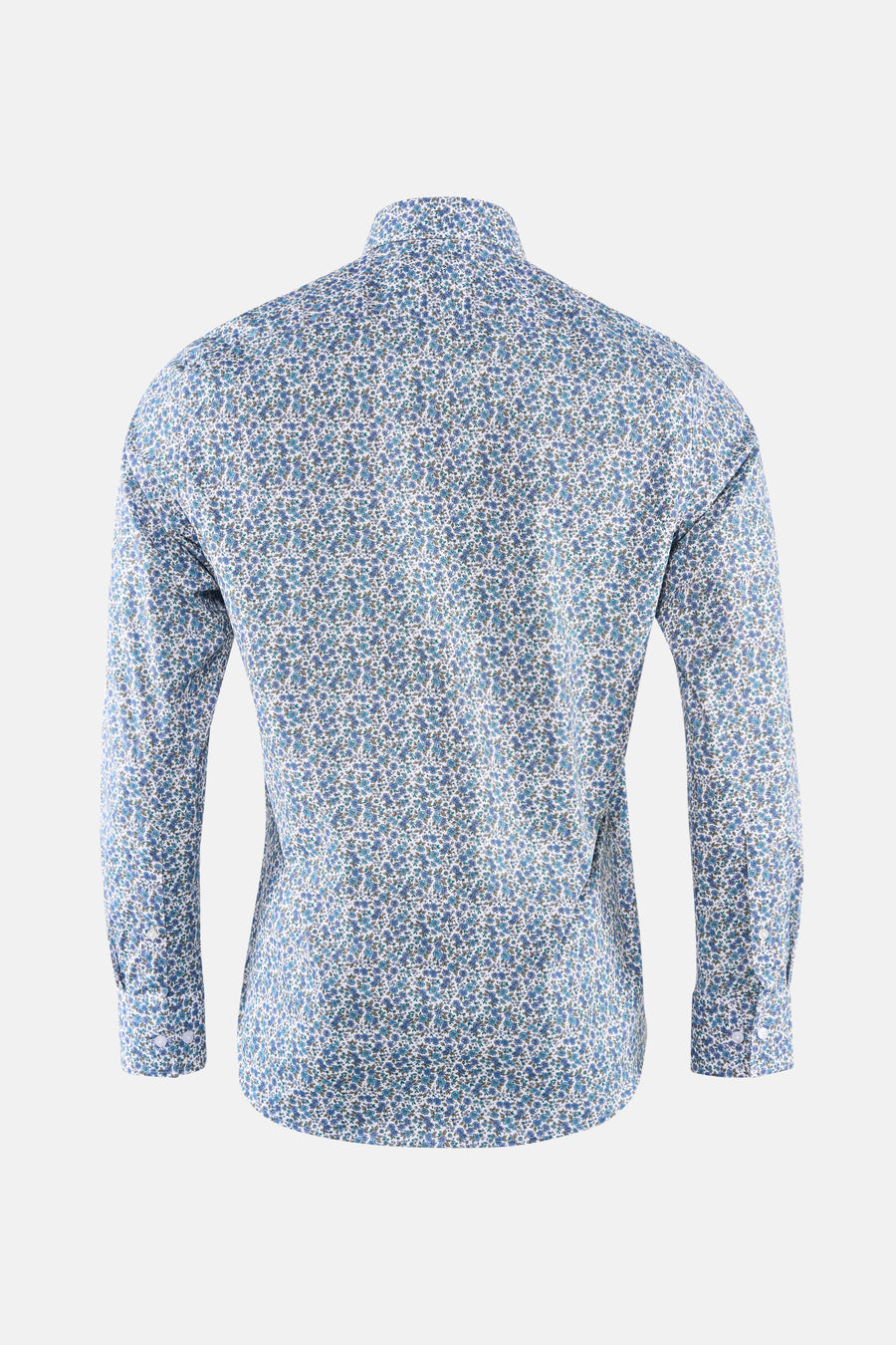 Blauw overhemd met lange mouwen van PRIVATE BLUE, bloemenprint op witte achtergrond, achterzicht.