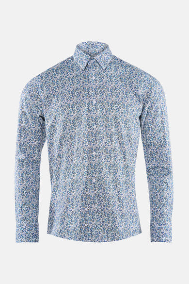 Blauw overhemd met lange mouwen van PRIVATE BLUE, met bloemenpatroon op een witte achtergrond.