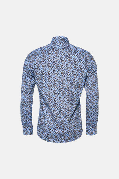 Dos d’une chemise à manches longues PRIVATE BLUE à motif floral bleu et blanc.