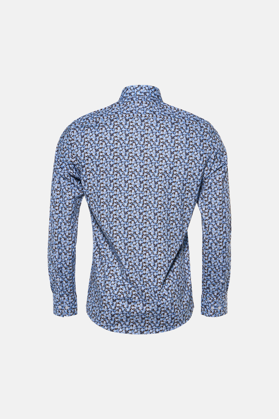 Dos d’une chemise à manches longues PRIVATE BLUE à motif floral bleu et blanc.