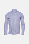 Chemise à manches longues bleu clair à motif géométrique, col classique et boutons blancs, vue de face