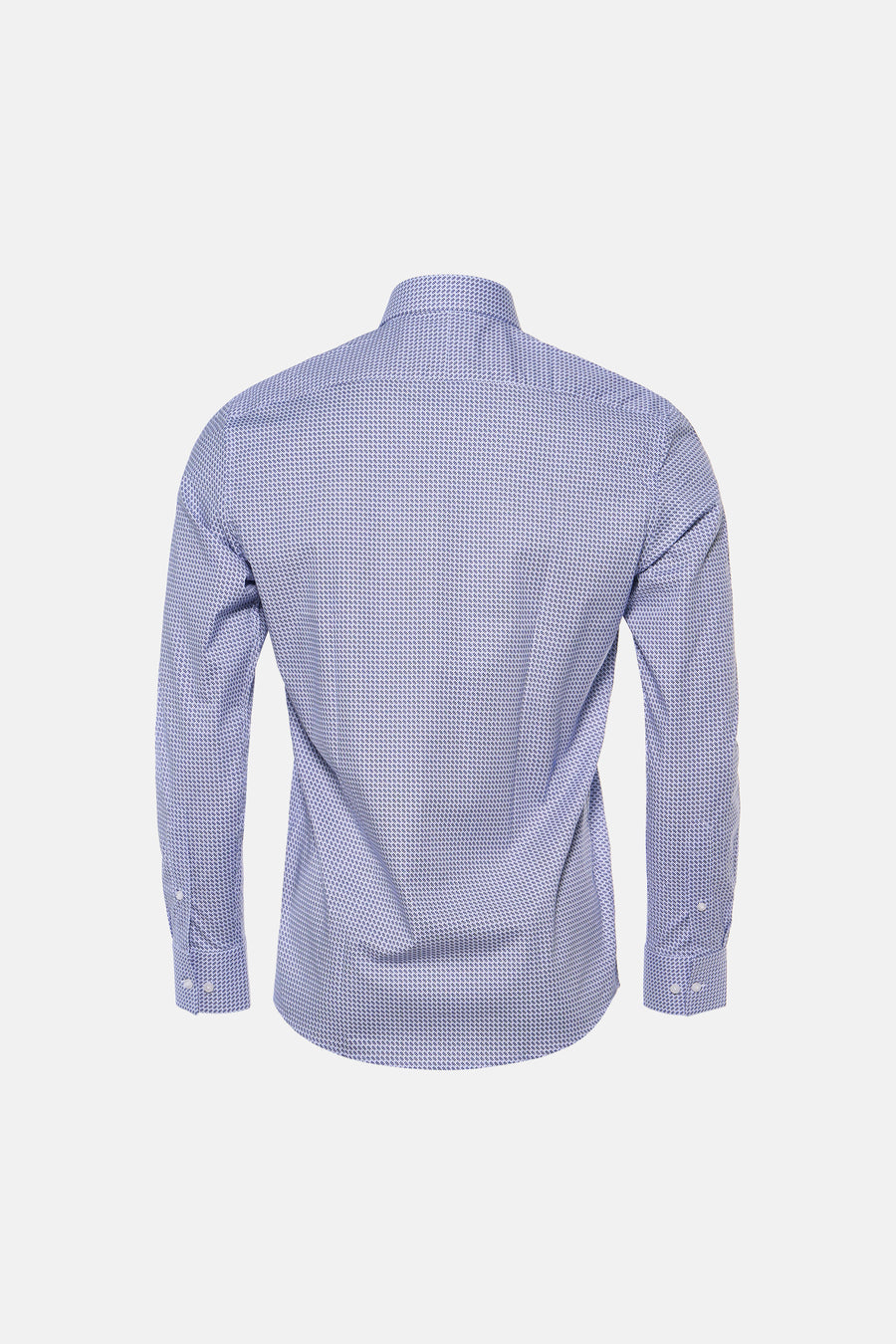 Dos d’une chemise à manches longues bleu clair à motif texturé, avec col et poignets boutonnés.