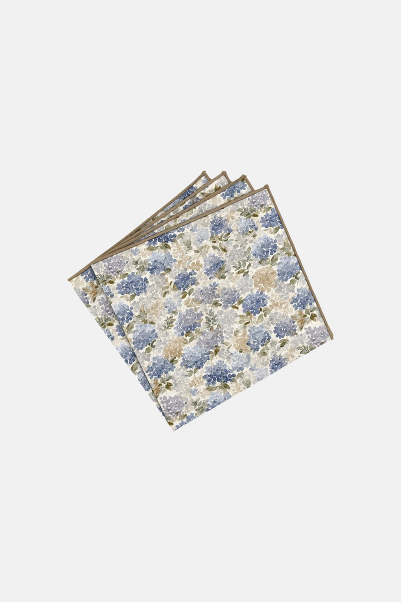 Blue floral patterned men's suspenders with beige trim, folded flat view