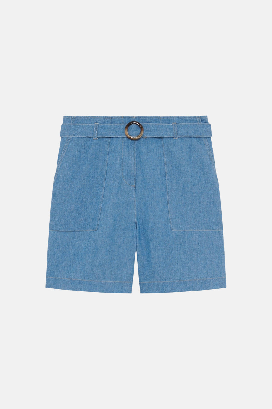 Lichtblauwe spijkerbroekshorts van CAROLL, hoge taille, met een ronde gesp riem en opgestikte zakken.