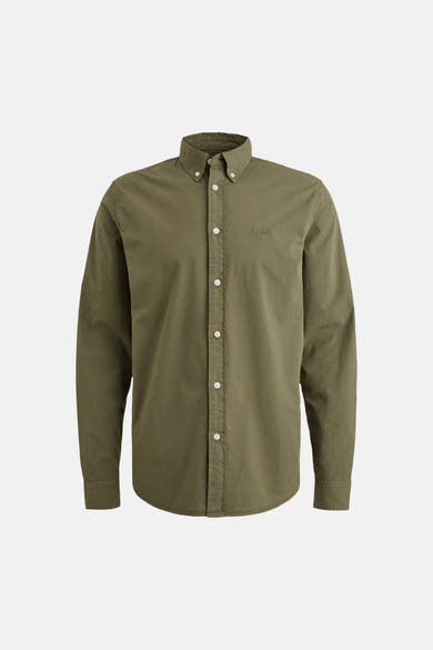 Chemise kaki à manches longues de PME Legend, avec boutons blancs et logo brodé sur la poitrine.