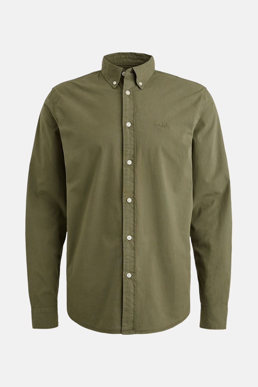 Chemise kaki à manches longues de PME Legend avec fermeture boutonnée et logo discret.
