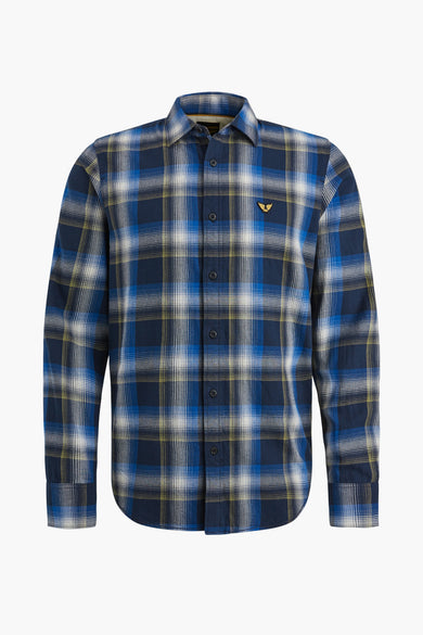 Chemise à manches longues à carreaux bleus et gris de Pme Legend, avec logo brodé sur la poitrine.