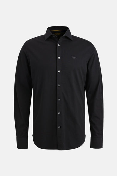 Chemise noire à manches longues de PME Legend avec logo discret sur la poitrine, coupe classique et boutons assortis.