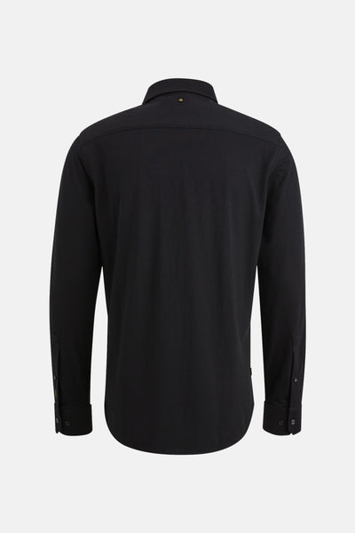 Chemise noire à manches longues de PME Legend, avec fermeture boutonnée et poignets boutonnés.