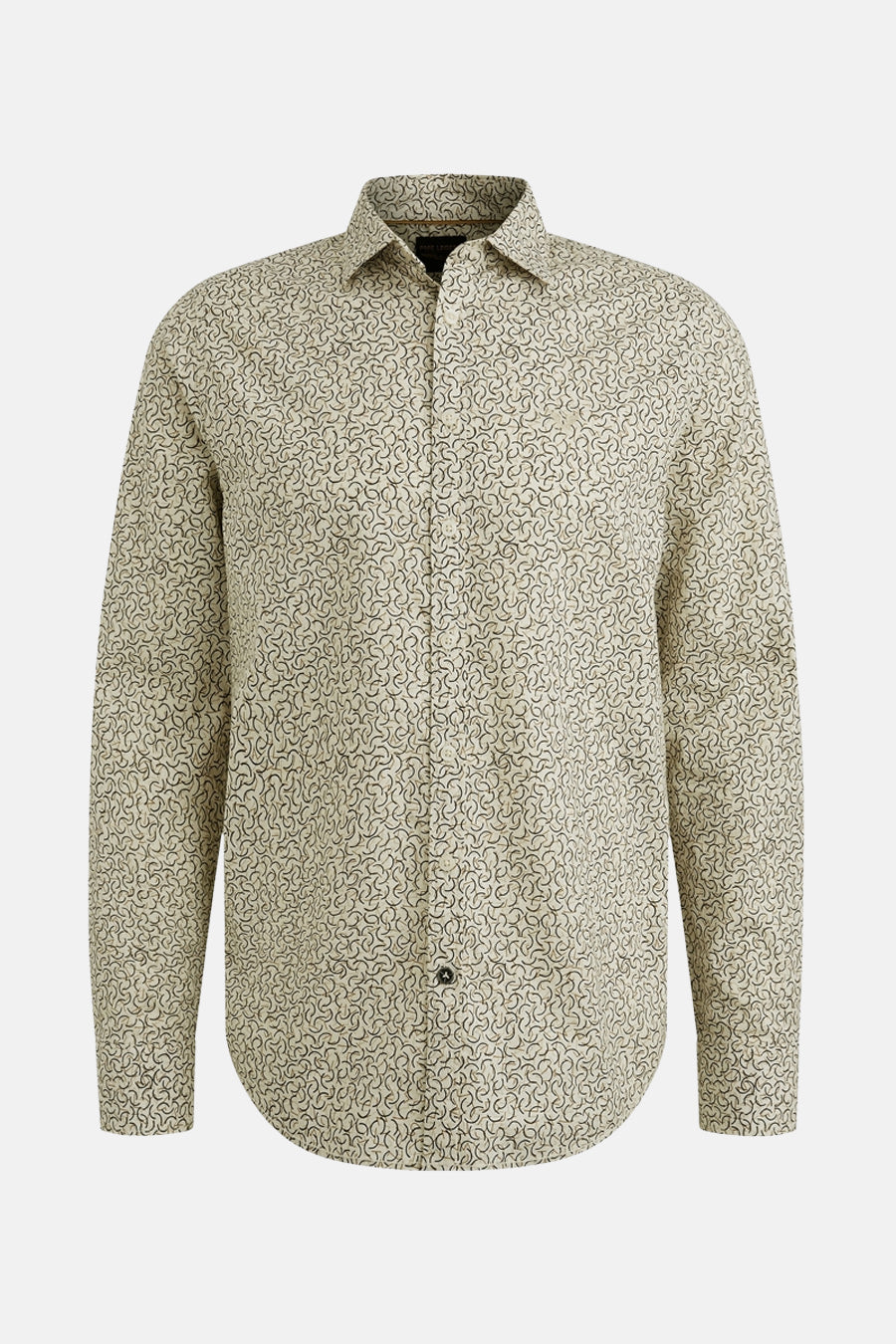 Chemise à manches longues beige de PME Legend avec motif à spirales graphiques sur l'ensemble.