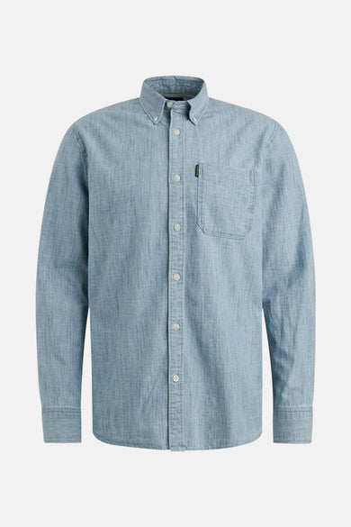 Blauwe blouse met lange mouwen van PME LEGEND, achterkant, met een rugplooi en knoopmanchetten.