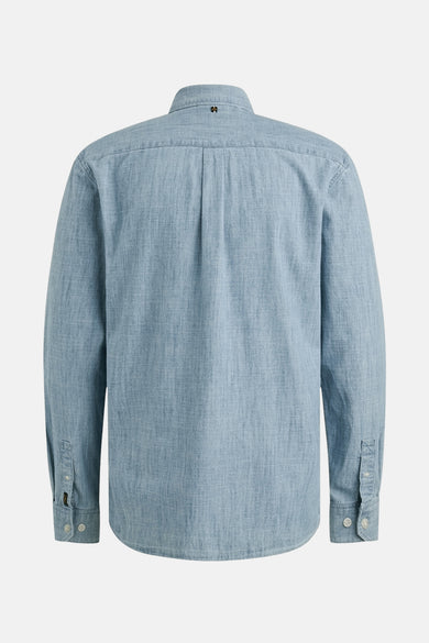 Chemise à manches longues bleue de PME LEGEND, vue de dos, avec pli au milieu du dos et poignets boutonnés.