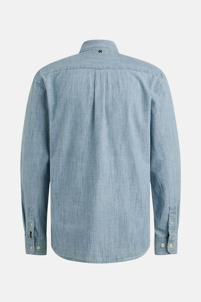 Chemise à manches longues bleue de PME LEGEND, vue de dos, avec pli au milieu du dos et poignets boutonnés.
