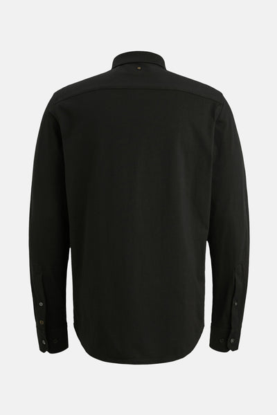 Chemise noire à manches longues de PME Legend, vue de dos, avec col boutonné et poignets boutonnés.