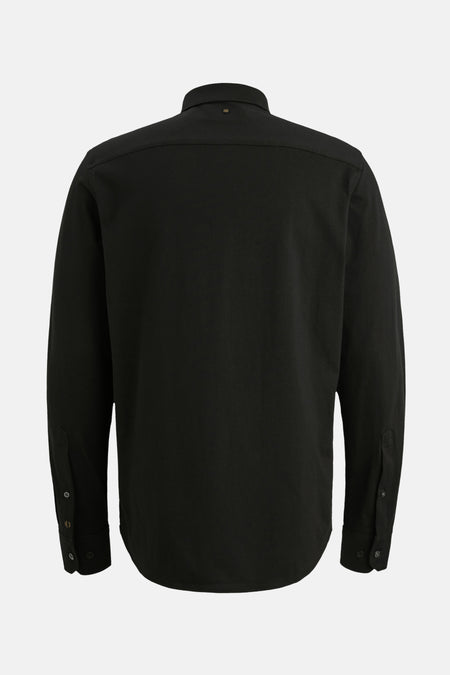 Chemise noire à manches longues de PME Legend, vue de dos, avec col boutonné et poignets boutonnés.