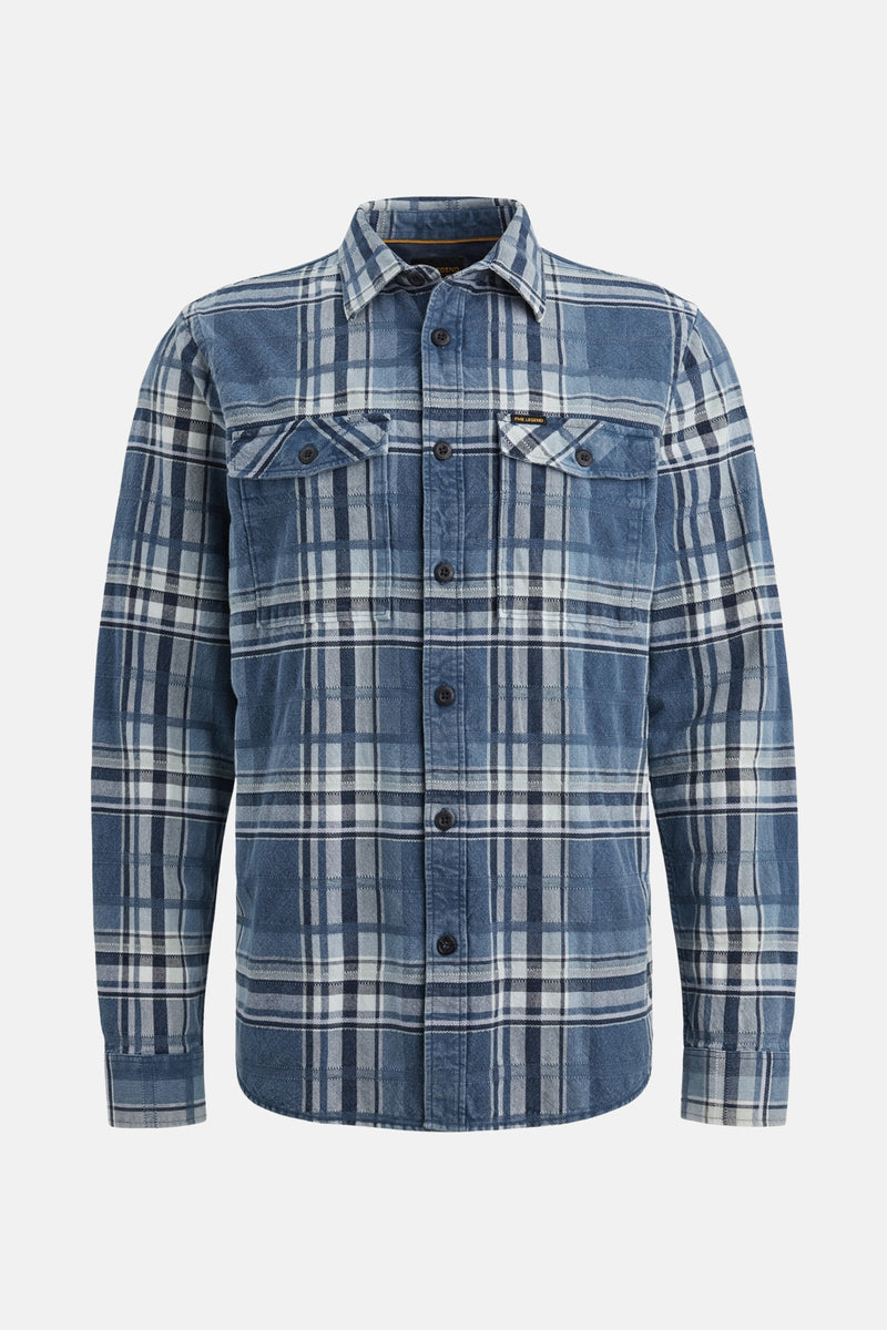 Blauw overhemd met lange mouwen van katoen van PME Legend, geruit met versleten details.