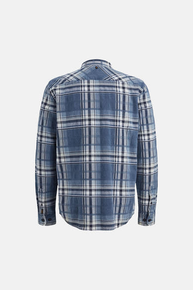 Chemise à manches longues bleue à carreaux par PME Legend, vue de dos avec fermeture boutonnée.
