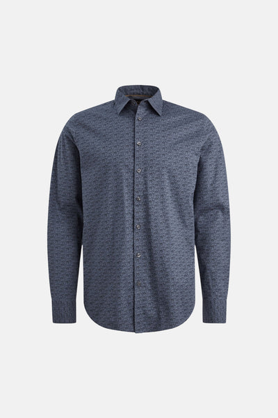 Chemise à manches longues bleue de PME Legend, avec un motif géométrique subtil sur l'ensemble du tissu.
