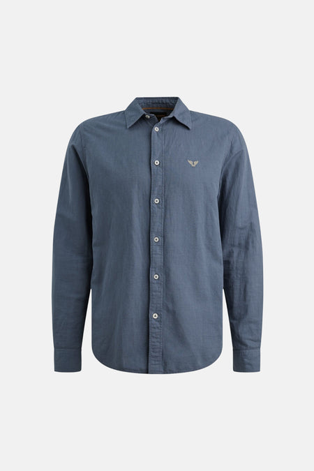 Chemise bleue à manches longues de PME LEGEND, avec logo brodé sur la poitrine et boutons blancs.