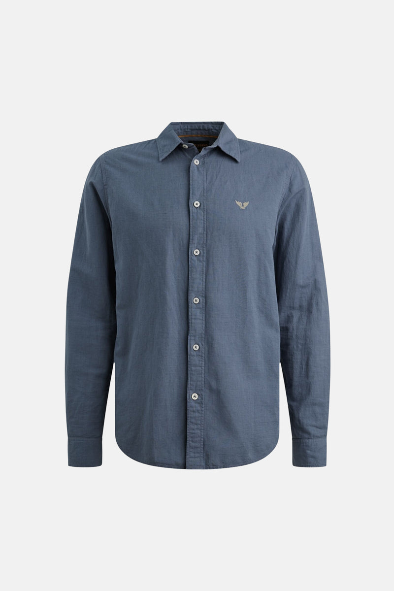 Blauwe blouse met lange mouwen van PME LEGEND, achterkant, met een knoop in de kraag en knopen aan de manchetten.