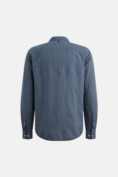 Chemise bleu à manches longues de PME LEGEND, vue de dos, avec un bouton au col et des boutons aux poignets.