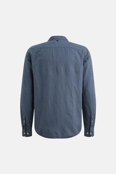 Chemise bleu à manches longues de PME LEGEND, vue de dos, avec un bouton au col et des boutons aux poignets.