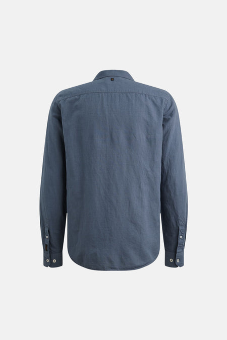 Chemise bleu à manches longues de PME LEGEND, vue de dos, avec un bouton au col et des boutons aux poignets.