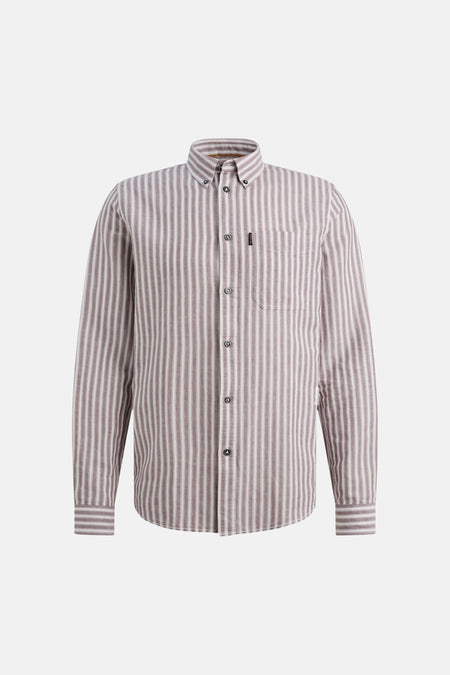 Chemise rayée mauve et blanche de PME LEGEND avec col boutonné, manches longues et poche poitrine.
