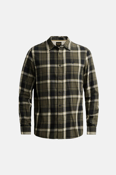 Green plaid long-sleeve shirt by PME LEGEND, featuring dark and light checks, button-down front, and chest logo patch, front view.