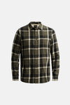 Green plaid long-sleeve shirt by PME LEGEND, featuring dark and light checks, button-down front, and chest logo patch, front view.