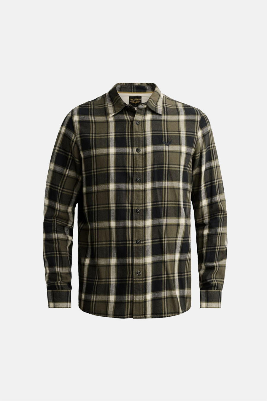 Green plaid long-sleeve shirt by PME LEGEND, featuring dark and light checks, button-down front, and chest logo patch, front view.