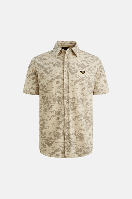 Chemise beige à manches courtes de PME Legend avec motif imprimé et fermeture boutonnée.