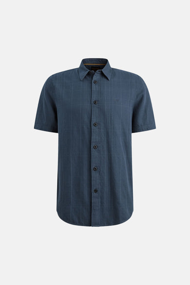 Blauw overhemd met korte mouwen van PME LEGEND, subtiel ruitpatroon, achterzijde.