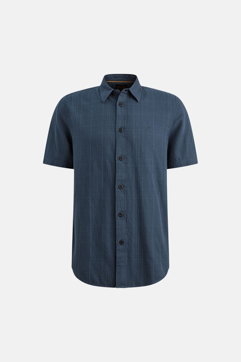 Blauw overhemd met korte mouwen van PME LEGEND, subtiel ruitpatroon, achterzijde.