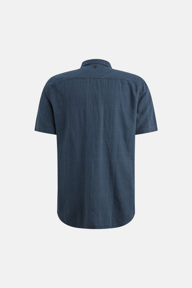 Chemise bleue à manches courtes de PME LEGEND, motif à carreaux subtil, vue de dos.
