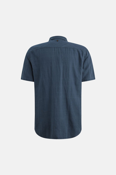 Chemise bleue à manches courtes de PME LEGEND, motif à carreaux subtil, vue de dos.
