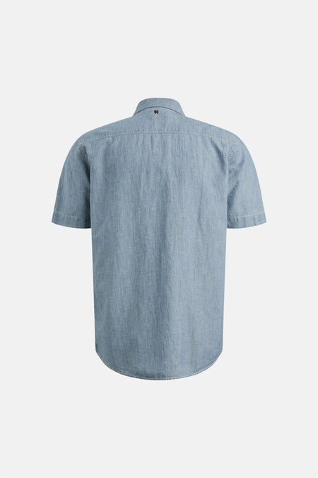 Chemise bleu clair en lin de PME Legend, vue de dos, avec boutonnière au col et manches courtes.