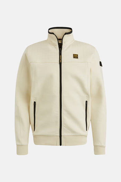 Beige gilet van PME Legend, met een zwarte opstaande kraag en een logo-patch op de mouw.