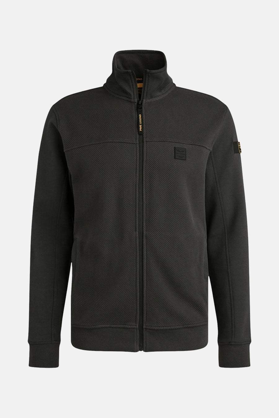 Gilet gris de PME Legend avec texture gaufrée, fermeture zippée et col montant.