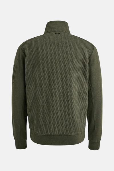 Kaki PME Legend gilet, met textuurpatroon op de rug en opstaande kraag.