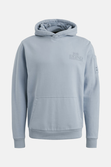 Blauwe hoodie van PME Legend, achterzijde, met capuchon en geribbelde boorden aan de manchetten.