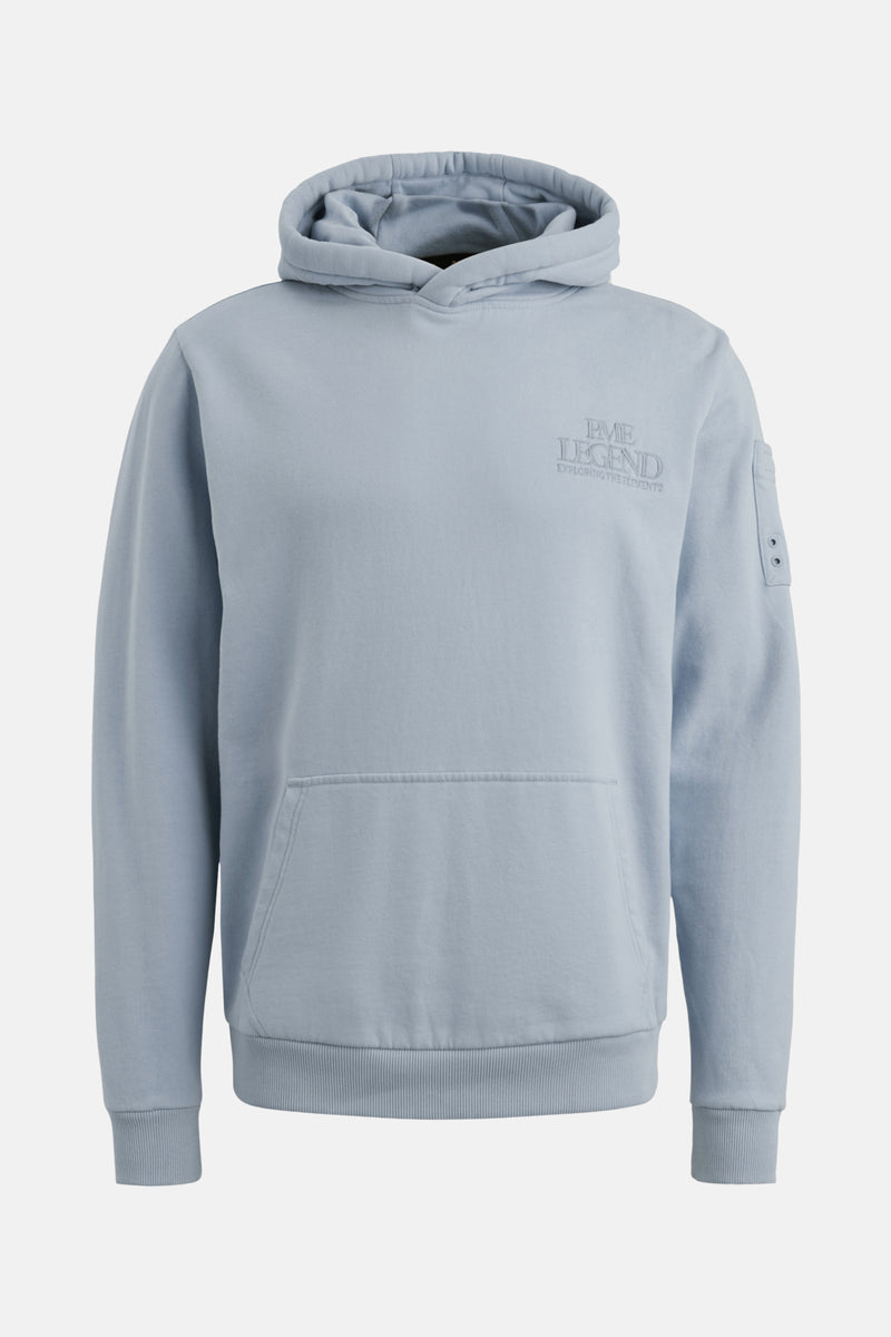 Blauwe hoodie van PME Legend, achterzijde, met capuchon en geribbelde boorden aan de manchetten.