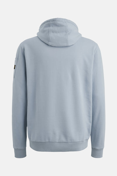 Sweat à capuche bleu de PME Legend, vue arrière, avec capuche et bordures côtelées aux poignets.