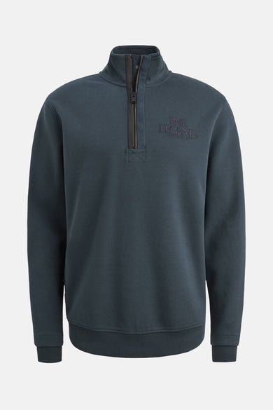 Marineblauwe sweater met opstaande kraag van PME Legend, met gedeeltelijke ritssluiting en geribbelde boorden.