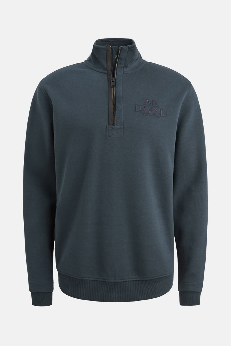 Marineblauwe sweater met opstaande kraag van PME Legend, met gedeeltelijke ritssluiting en geribbelde boorden.