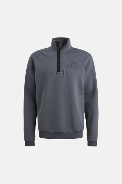 Blauwe sweat-shirt met opstaande kraag van PME Legend, met een korte ritssluiting en een geborduurd logo op de voorkant.