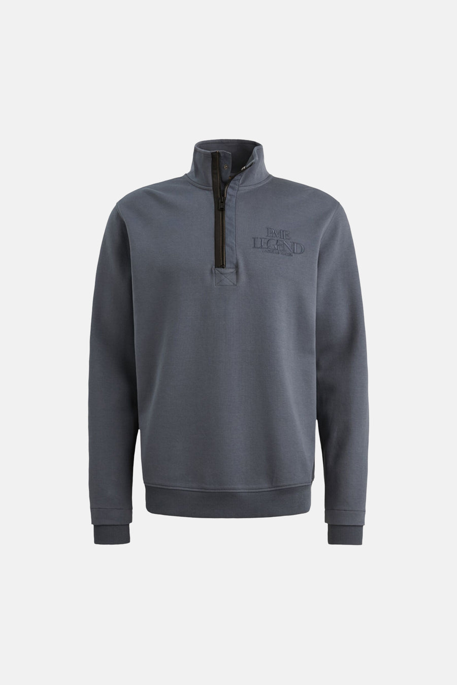 Blauwe sweat-shirt met opstaande kraag van PME Legend, met een korte ritssluiting en een geborduurd logo op de voorkant.