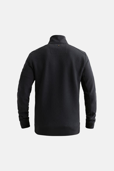 Black textured gilet with honeycomb pattern, stand-up collar, and side pocket, back view