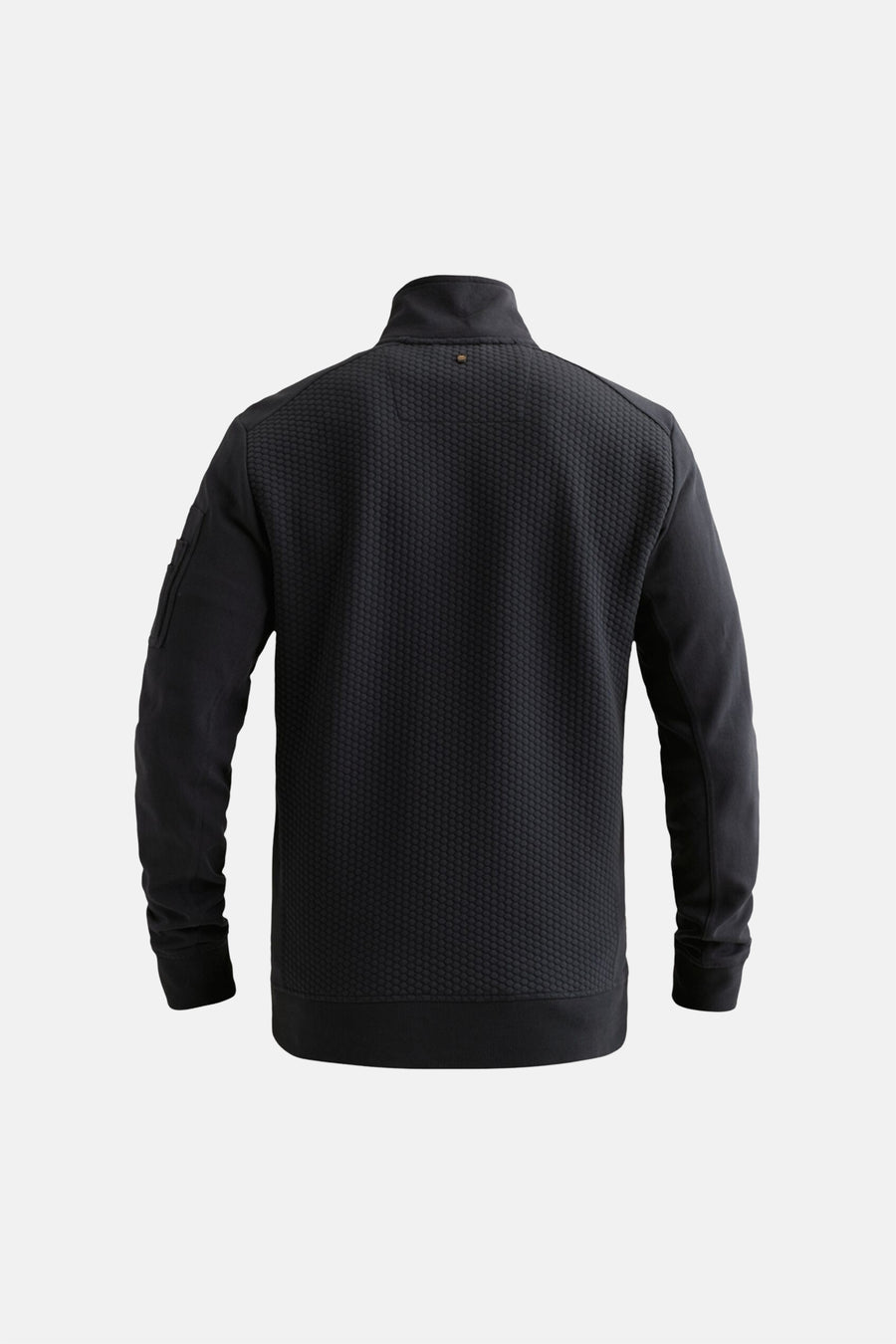 Black textured gilet with honeycomb pattern, stand-up collar, and side pocket, back view